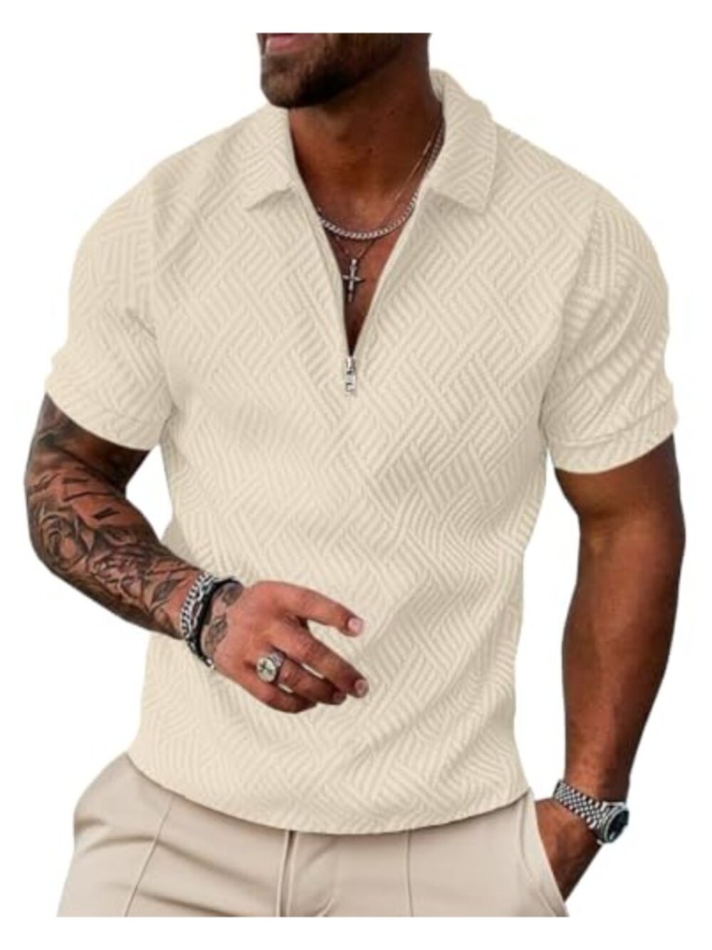Men's Short Sleeve Quarter Zip Polo Shirt Geometric Texture Summer Golf Casual